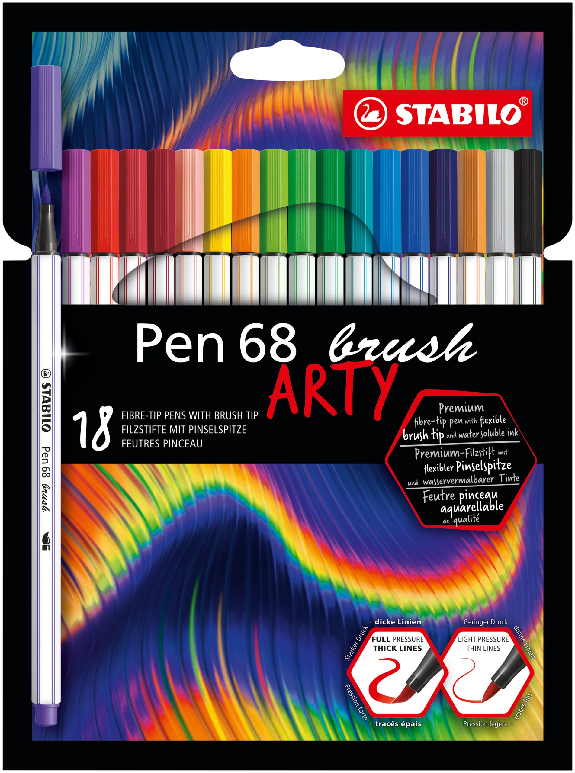 Pennarello Premium con punta a pennello per linee spesse e sottili - STABILO  Pen 68 brush - ARTY - Astuccio da 18 - Colori assortiti